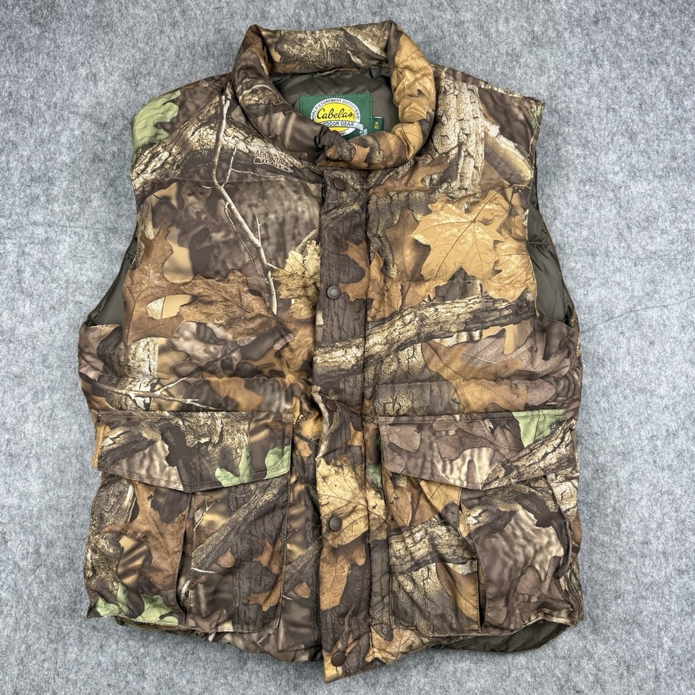 Cabela's Men's Medium Brown Camo Goose Down Puffer Zip Front Outdoor Vest